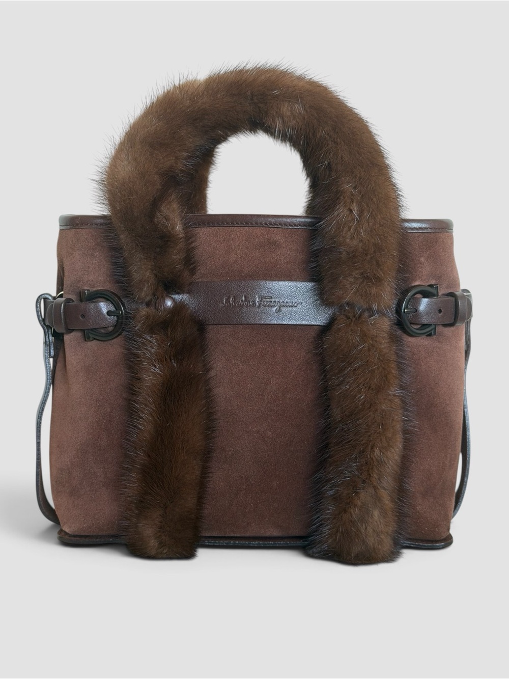 Salvatore Ferragamo Brown Suede Mink Fur Handle Bag